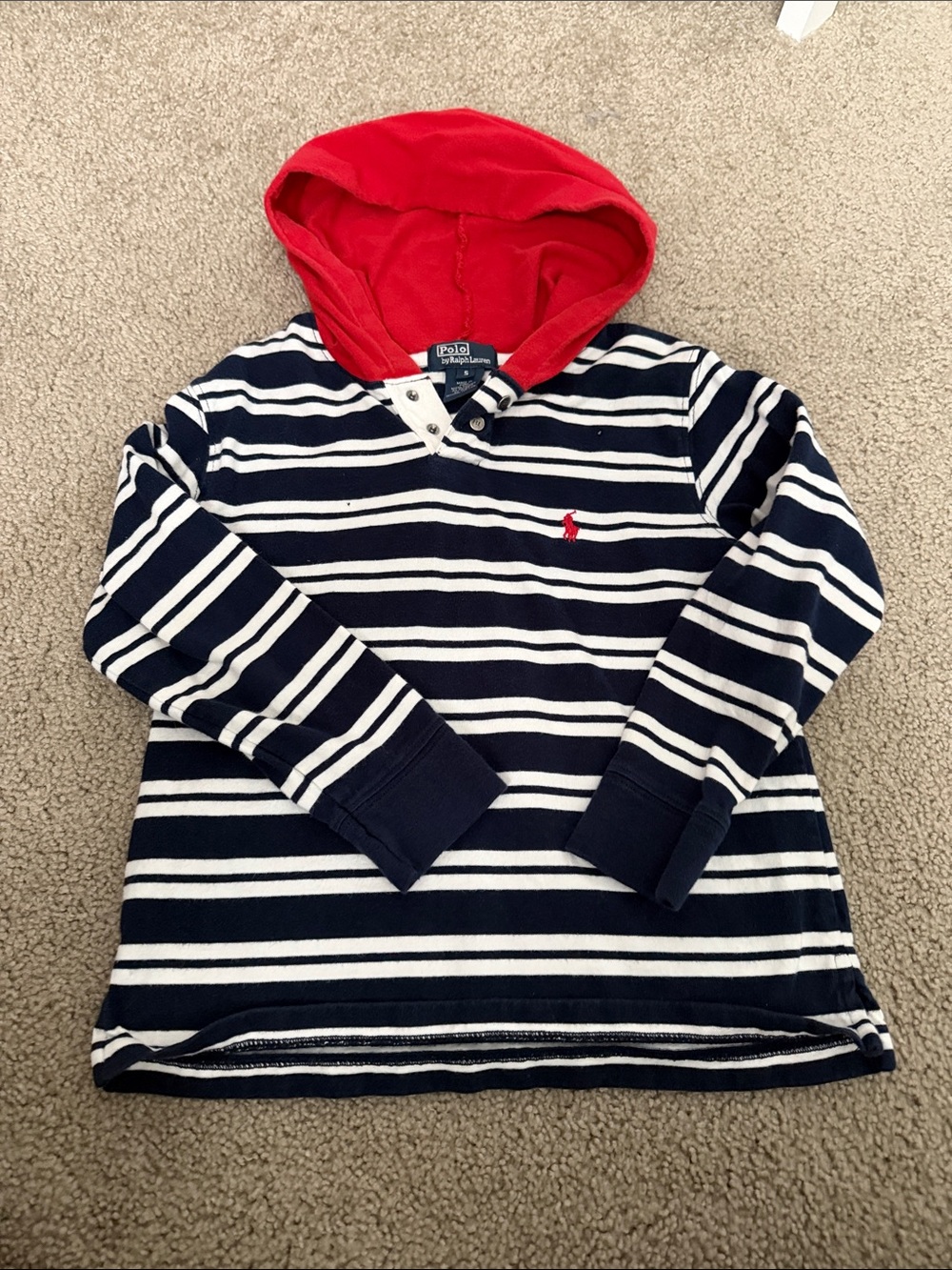 Polo by Ralph Lauren Navy & White Striped Long Sleeve Hoodie with Red Hoodie